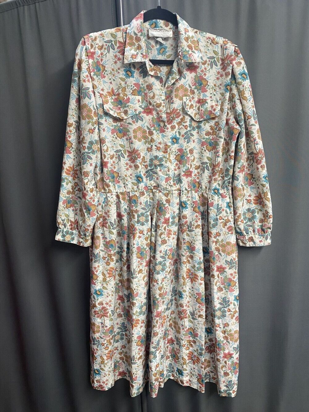 Schrader Petite Dress Women's 14 Beige Floral Print Polyester Vintage B74